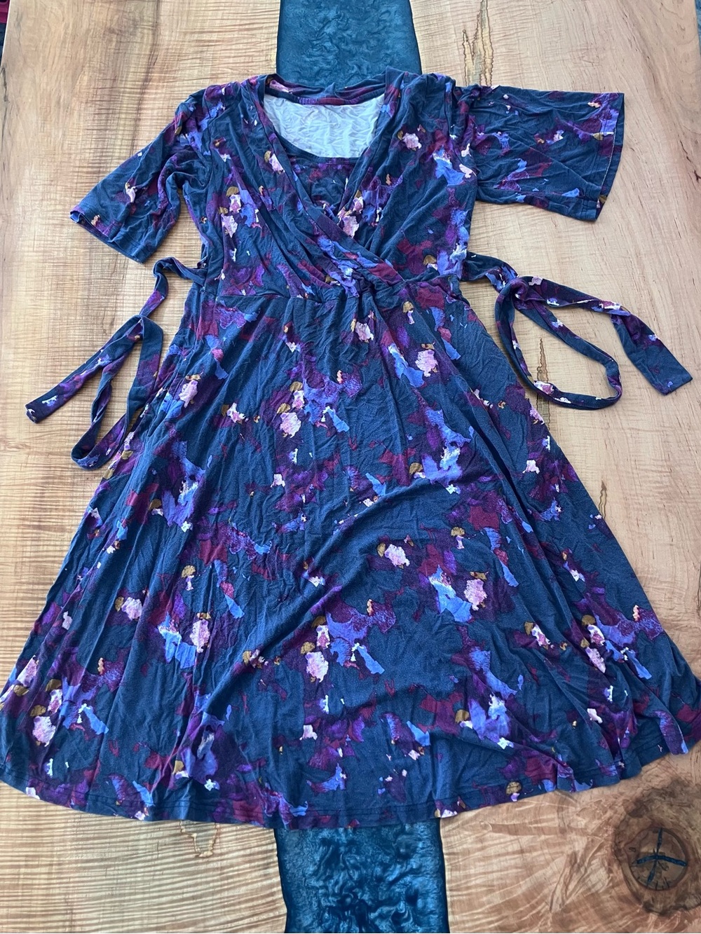 Latched Mama Navy Wrap Dress with Purple and Pink Floral Print